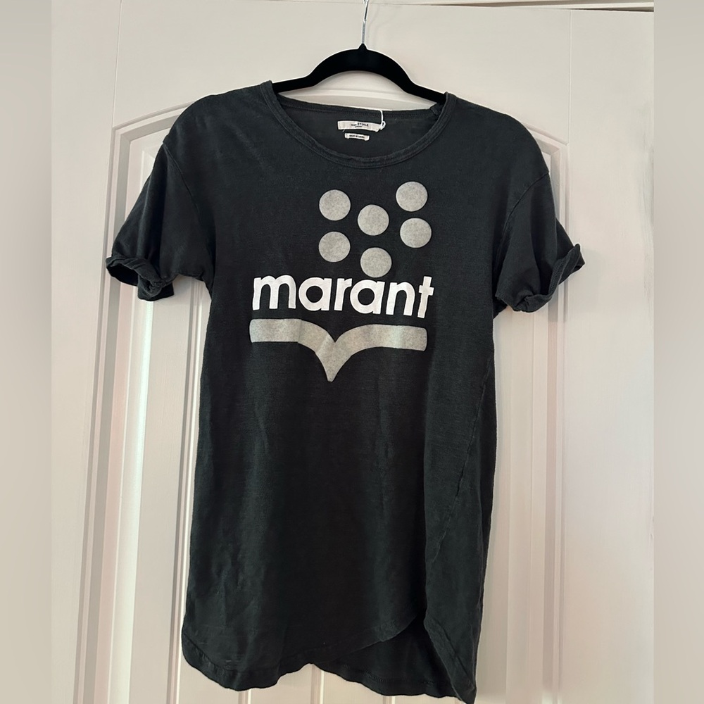 Isabel Marant Charcoal Black Linen Tee with White Logo, XS, Perfect Condition